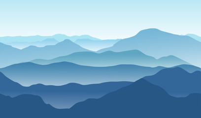 Blue mountains in the fog. Seamless vector background.