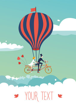 Bike above the clouds. Groom and bride are flying  on a tandem bike above the clouds.  Template for invintation and greeting cards.
