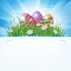 Easter greeting card with eggs and lined paper, vector illustration