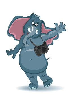 Cartoon elephant photographer with camera waving , vector illustration