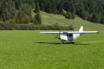 Light white aircraft landing on a green meadow, transportation, outdoor
