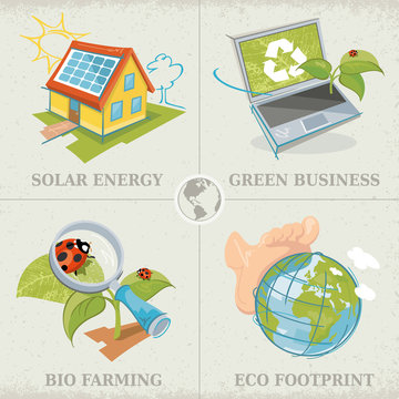 Set of hand-drawn ecology concepts in sketch-style related to solar energy, green business, bio farming and ecological footprint