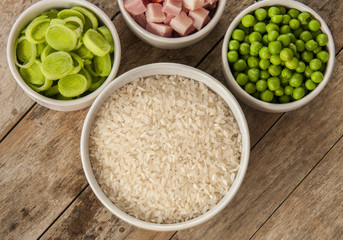 Raw ingredients for risotto close up