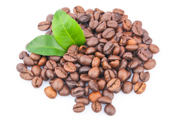 Coffee beans and green leaves