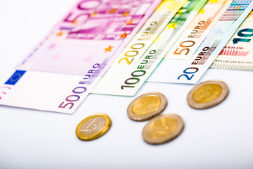 Closeup of banknotes and coins