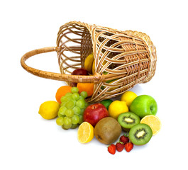 basket with fresh fruits isolated on white background