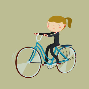 office worker cartoon woman riding bicycle. bike to work. vector illustration
