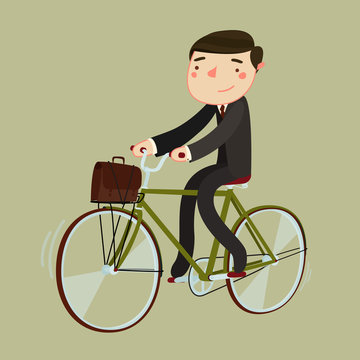 bike to work. man in suite and with briefcase riding a bicycle. vector illustration