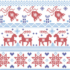 Fototapeta na wymiar Dark and light blue and red Scnadinavian Christmas cross stitch pattern including reindeer, snowflake, star, Xmas tree, bell, presents in Scandinavian style cross stitch 