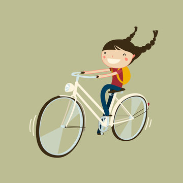 cute cheerfull girl riding a bicycle isolated cartoon character