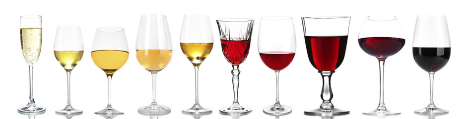 Wijnglazen met verschillende wijn, geïsoleerd op wit
