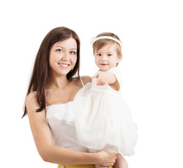 Mother holding cute little girl isolated on white