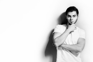 Portrait of young man. Black and white photo