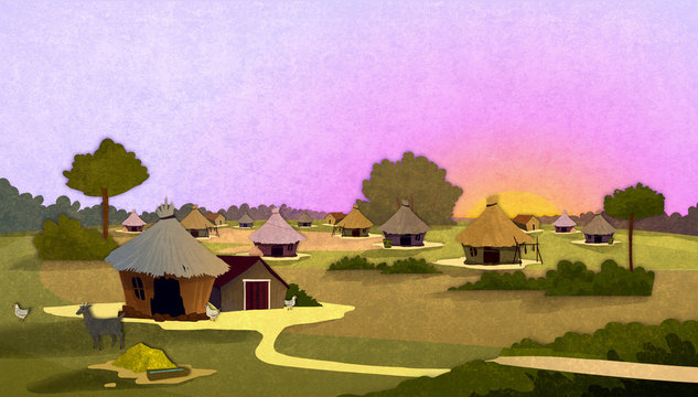 Tribe village houses with farm animals at sunrise in Africa. Cartoon stylish background raster illustration