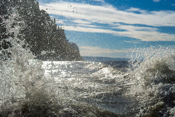 Wet boat trip on Lena river near Lena pillars wonder