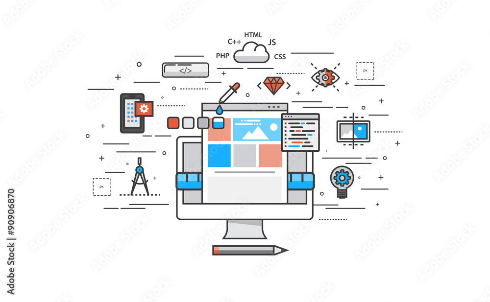 Poster thin line flat design of website building process