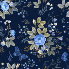 seamless floral pattern with blue roses on dark blue  background - 90907636