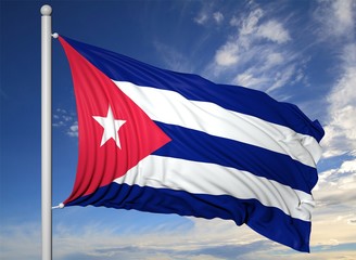Waving flag of Cuba on flagpole, on blue sky background.