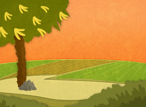 Banana tree with bananas in the meadow at sunset. Cartoon stylish background raster illustration.
