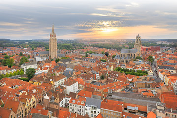Fototapeta premium View over Bruges historical old town on sunset