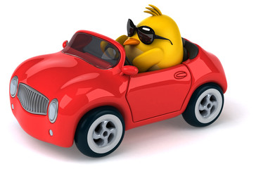 Yellow bird in a car