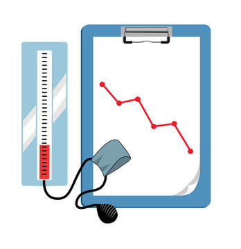 Vector image of a clipboard displaying a line graph descending and a blood pressure machine