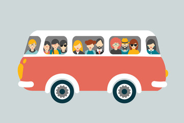 Retro bus with passengers. Flat vector concept. - obrazy, fototapety, plakaty