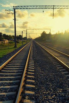 Perspective of railways in the evening yellow light