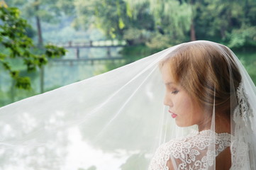 Beautiful blond bride with beautiful background