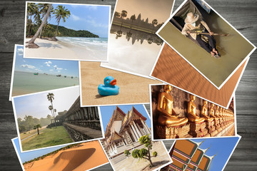 polaroid pictures of asian travel destinations on wooden background