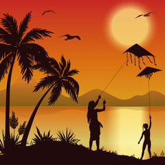 Tropical Sea Landscape with Palms and Surfer