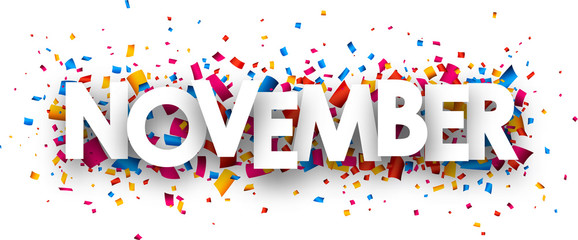 November sign with colour confetti. Vector paper illustration.