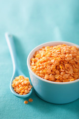 raw healthy red lentils in bowl