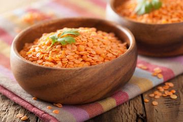raw healthy red lentils in bowl