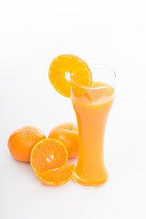Orange juice in glass and slices orange