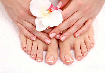Beautiful feet with perfect spa french nail pedicure