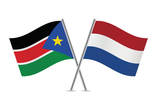 Netherlands and South Sudan flags. Vector illustration.