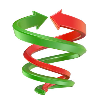 Red and green spiral arrows. 3D render illustration isolated on white background
