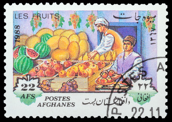 AFGHANISTAN - CIRCA 1988: a stamp printed in the Afghanistan, shows Oriental Bazaar, a series of fruits, circa 1988