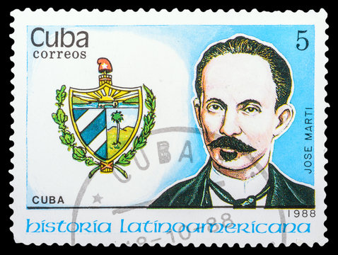CUBA- CIRCA 1988: a stamp printed in the Cuba, shows coat of arms portrait of JOSE MARTI, series "Latin American history", circa 1988