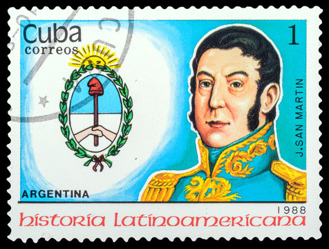CUBA- CIRCA 1988: a stamp printed in the Cuba, shows coat of arms portrait of J. SAN MARTIN, series "Latin American history", circa 1988
