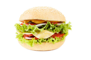 Burger with beef and vegetables on white background
