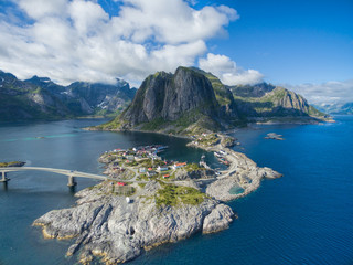Scenic aerial view of fishing village Hamnoya on Lofoten islands in Norway