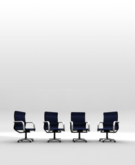 Four Office chairs on a white back drop illustrating meeting or team gathering 