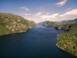 Scenic aerial view of picturesque fjord in Norway
