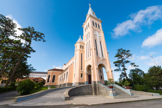 Da Lat Cathedral, Cathedral of the chicken on blue sky background, located in Da Lat city, Lam Dong province, Vietnam
