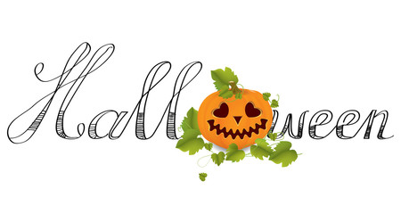 Carved pumpkins with leaves in text