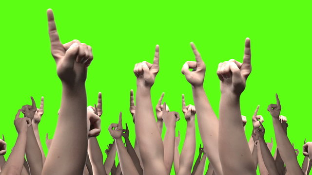 Fists with finger pointing crowd, seamless loop against green with Alpha Matte.