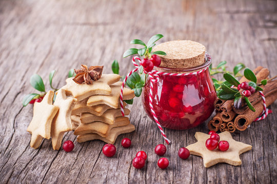 Small Jar Of Homemade Fresh Spicy Sweet Cranberry Sauce With Cinnamon