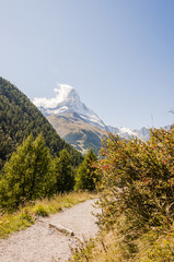 Fototapeta premium Zermatt, Dorf, Schweizer Alpen, Alpen, Walliser Berge, Findeln, Sunnegga, Wanderweg, Weiler, Wanderziel, Matterhorn, Sommer, Wallis, Schweiz